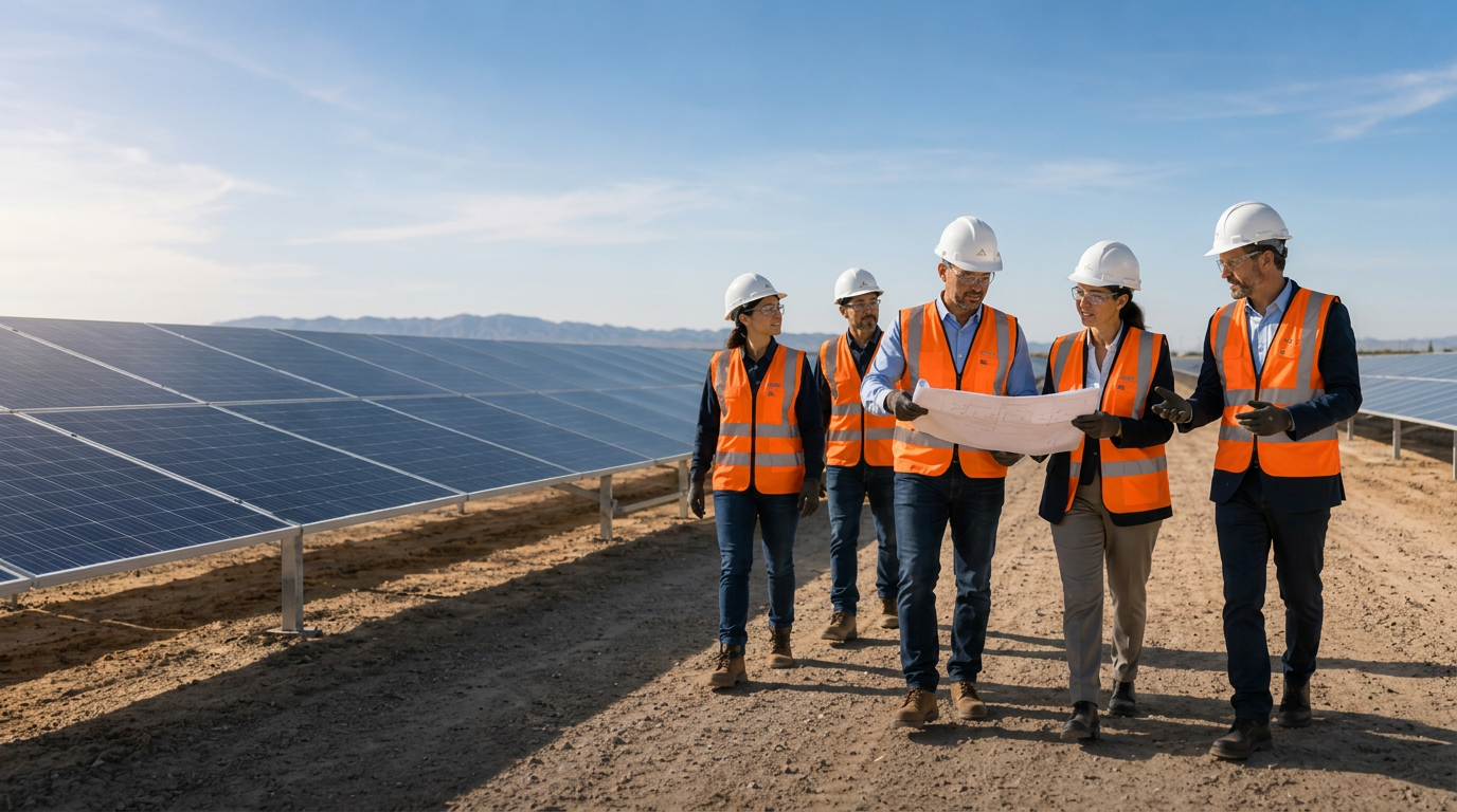 Equipo de ingenieros revisando planos en un parque solar